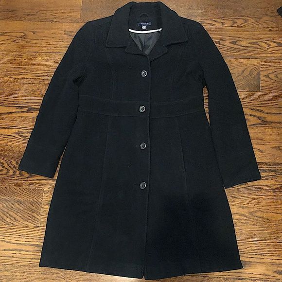 TOMMY HILFIGER Women’s Long Black Wool Coat Button Cuff Decorative Waist Sz 12